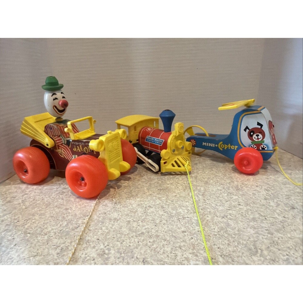 Vintage Fisher-Price Pull Toy Lot of 3 - Train, Jalopy Clown, Helicopter